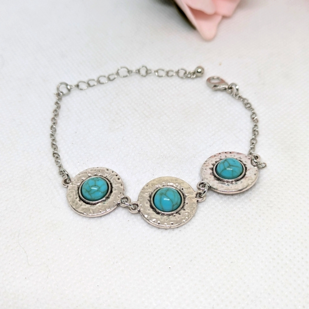 New Bracelet Silver Tone Faux Turquoise Cabochon Adjustable Boho Bohemian
